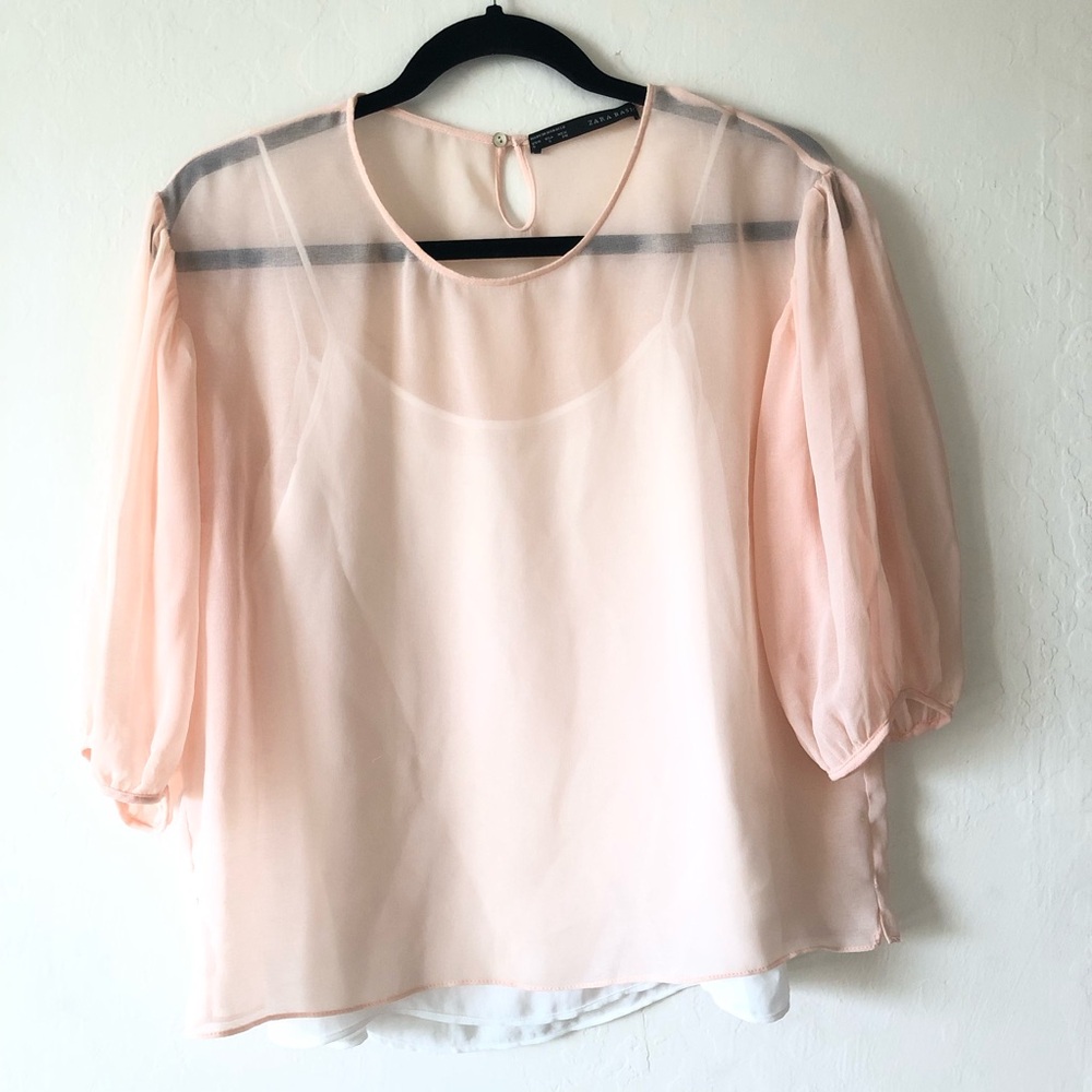 Zara Basic sheer blouse pink and white. Size S